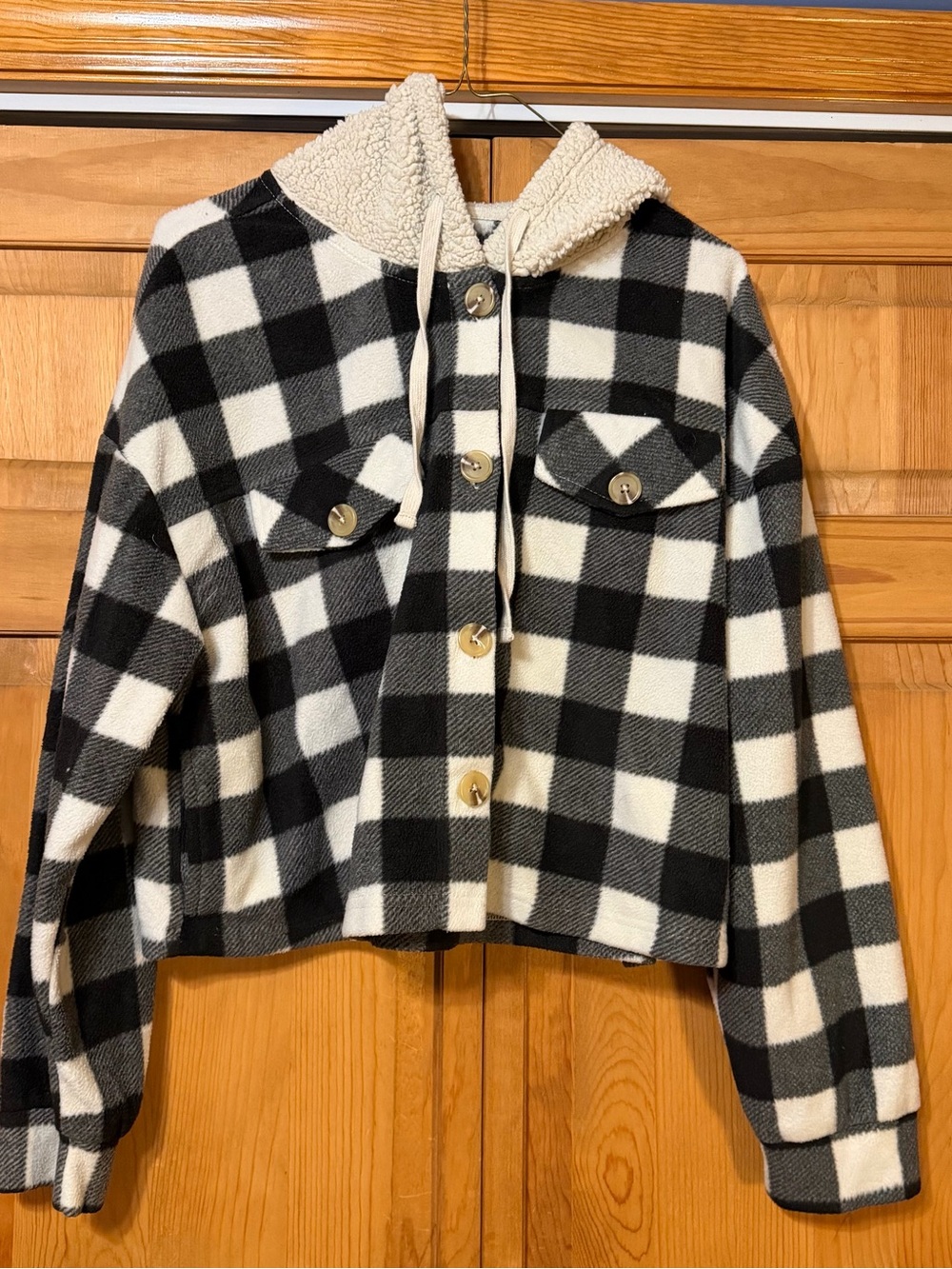 Hippie Rose Black & White Plaid Sherpa-Lined Hooded jacket